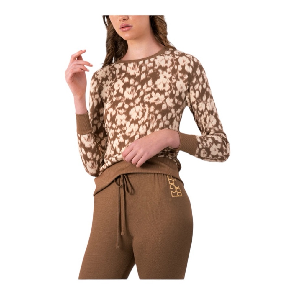 🏷️ BCBGMAXAZRIA Floral Motif LS Loungewear Soft Top LARGE Cream/Brown EUC!